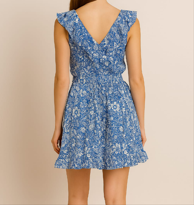 Floral Ruffle V-Neck Mini Dress – Blue & White