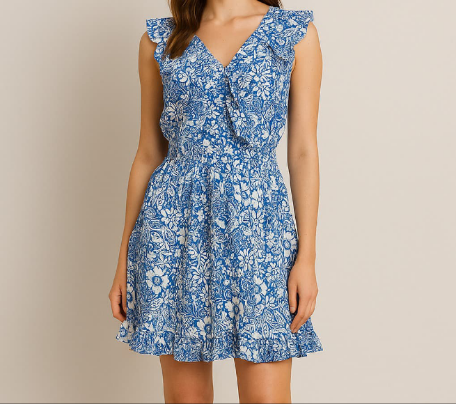 Floral Ruffle V-Neck Mini Dress – Blue & White