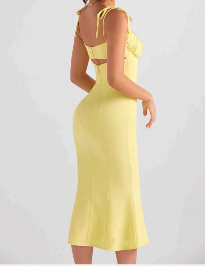 Lemon Glow Ruched Midi Dress
