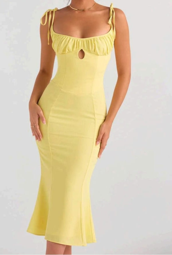 Lemon Glow Ruched Midi Dress