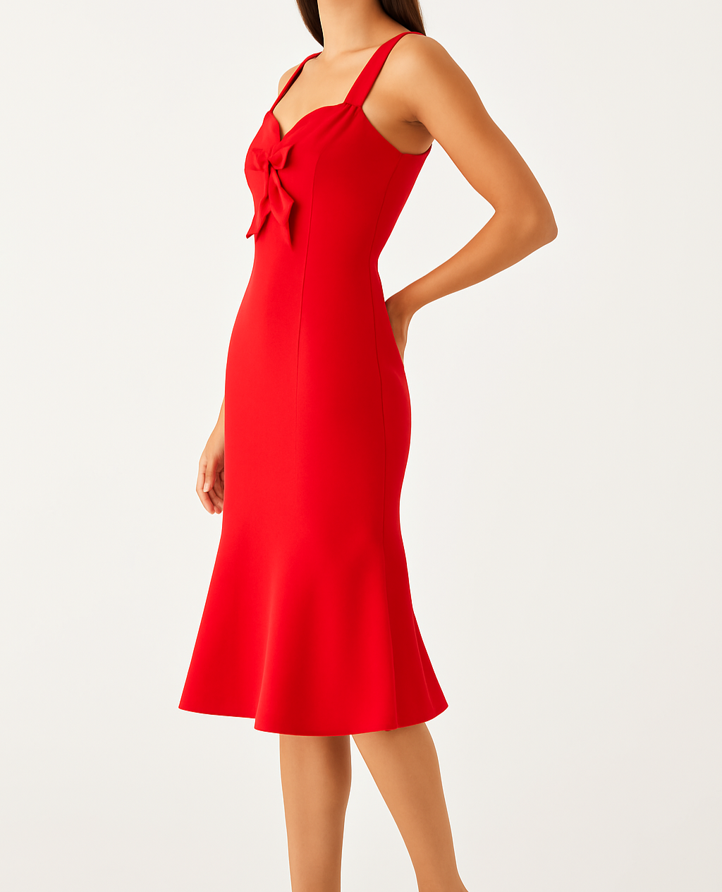 Scarlet Elegance Bow-Front Midi Dress
