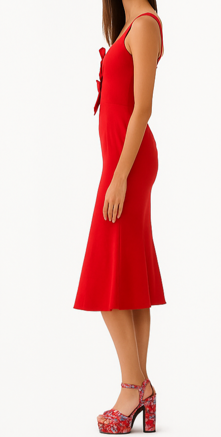 Scarlet Elegance Bow-Front Midi Dress